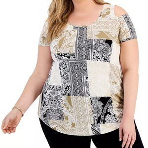 JM COLLECTION Plus Size Printed Cold-Shoulder Top 3X